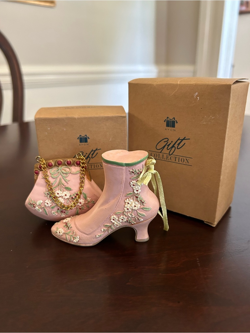 Avon 2000 Pink Floral Victorian-Style Heeled Boot and Purse Ornament Pair